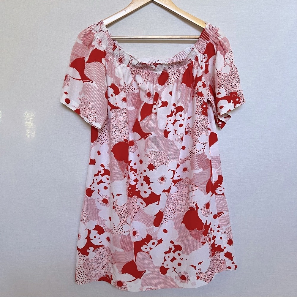 Trina Turk Red and White Silk & Cotton Blend Floral Drop Shoulders Blouse
